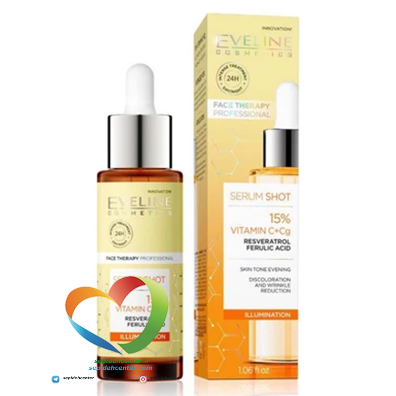 سرم روشن‌کننده و ضد لک اولاین (EVELINE) | مدل Serum Shot ۱۵% Vitamin C+Cg – حجم ۳۰ میلی‌لیتر